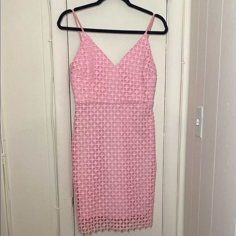 Lulu's Pink Midi Sheath Dress with Spaghetti Straps for Cocktail
